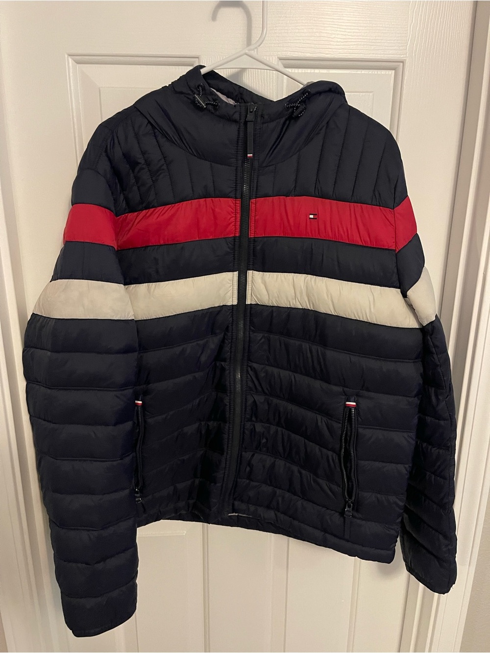 Tommy Hilfiger Navy Hooded Quilted Puffer with Red & Cream Stripes